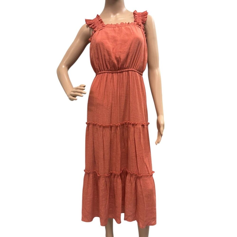 JUNE & HUDSON Midi Tiered Skirt Dress Terracotta Color Ruffle Straps Sz M - Picture 2 of 8